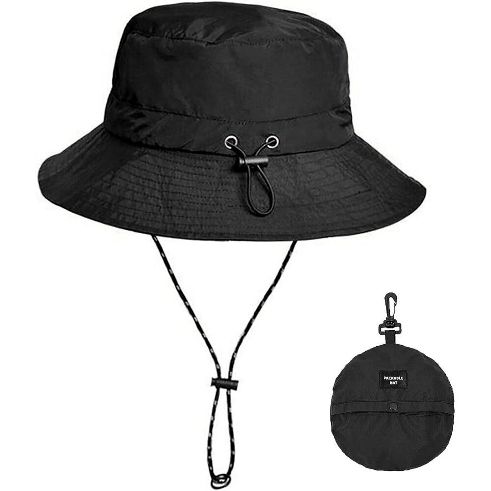 Unisex Black Nylon Mesh Wide Brim Boonie With Chin Strap Packable Bucket Sun Hat